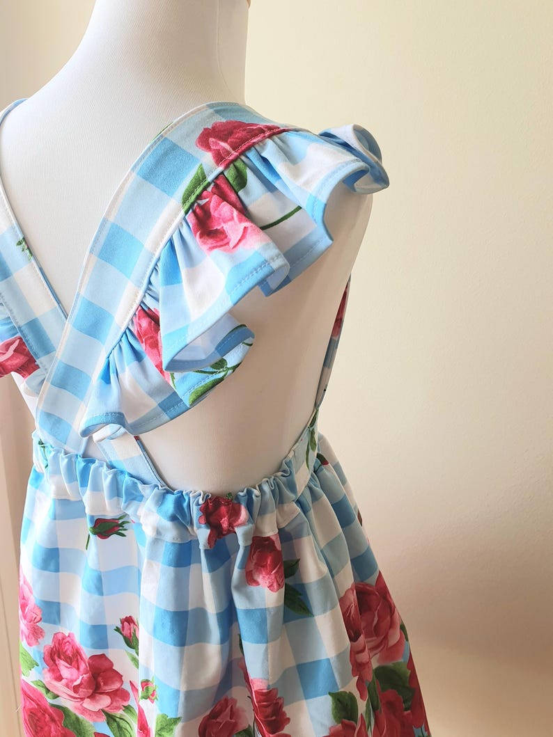 Red Roses on Blue Gingham Pinafore Size 4, Girls Pinafore, Blue Gingham
