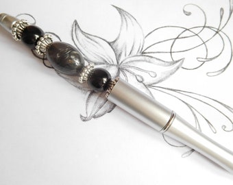 Stylo bille gris , stylo bille fantaisie , stylo perle , cadeau femme, stylo personnalisé, création artisanale, stylo bijou d'écriture