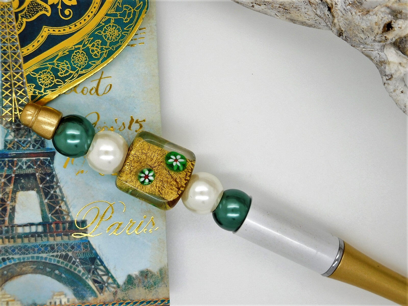 Stylo Bille Blanc et Or + 1 Recharge , Stylo Perle , Stylo Personnalisé, Cadeau Femme Bijou, Rétract