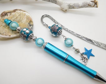 Parure stylo bille bleu et marque page personnalisé , ensemble marque page et stylo , bookmark , signet métal , cadeau saint valentin