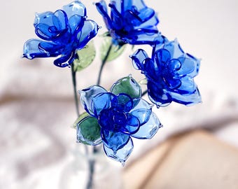 Glass Birth Flowers, Birth Month Flower Bouquet, Handmade Birthday Gift, Valentine's Day, Red Rose, Blue Rose, Mother's Day Gift
