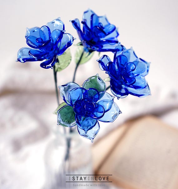 Glass Birth Flowers, Birth Month Flower Bouquet, Handmade Birthday Gift, Valentine's Day, Red Rose, Blue Rose, Mother's Day Gift