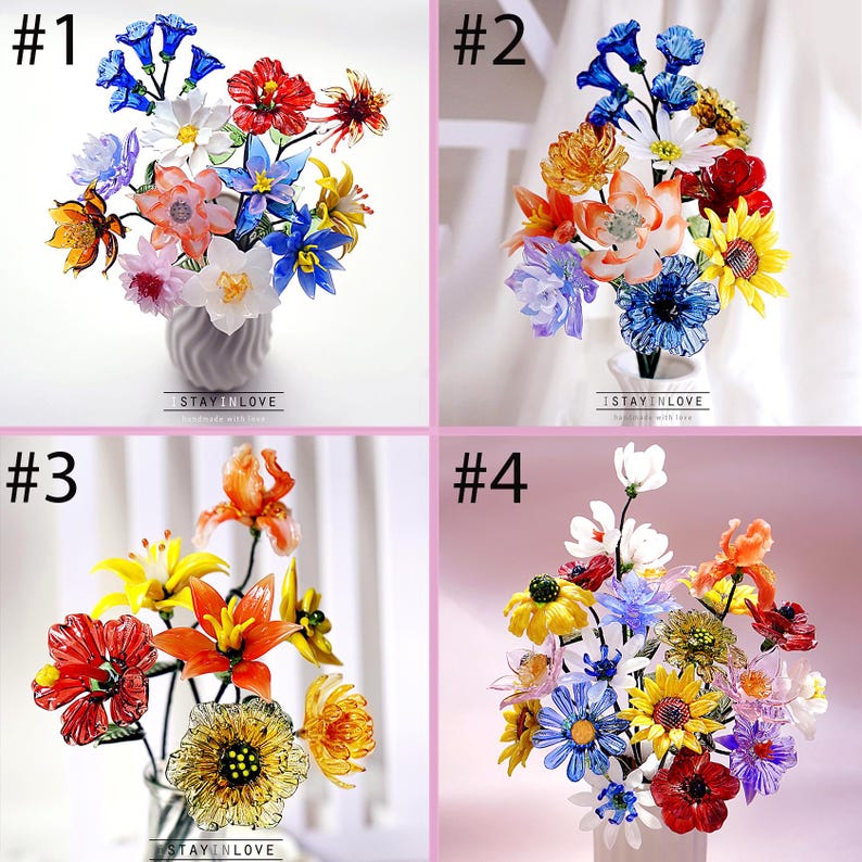 Glass Birth Flowers, Birth Month Flower Bouquet, Handmade Birthday Gift, Valentine's Day, Red Rose, Blue Rose, Mother's Day Gift image 8