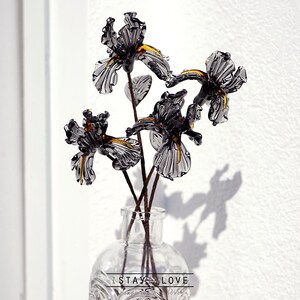 Glass Birth Flowers, Birth Month Flower Bouquet, Valentine's Day, Lily of the Valley, Carnation, Iris, Rose, morning glory Feb-Iris (black)