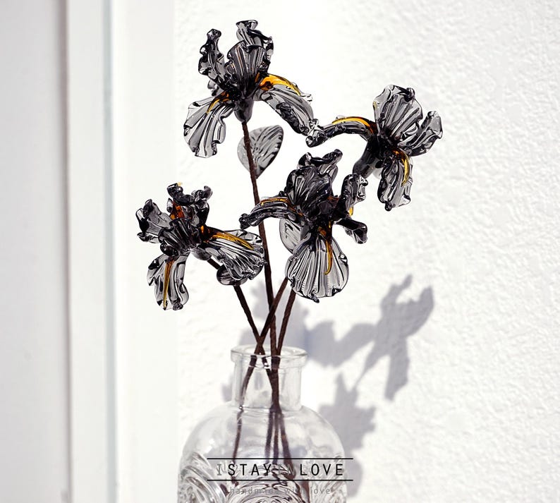 Glass Birth Flowers, Birth Month Flower Bouquet, Valentine's Day, Lily of the Valley, Carnation, Iris, Rose, morning glory Feb-Iris (black)
