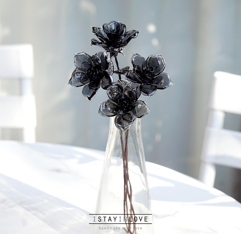 Glass Birth Flowers, Birth Month Flower Bouquet, Valentine's Day, Lily of the Valley, Carnation, Iris, Rose, morning glory June-Rose (black)