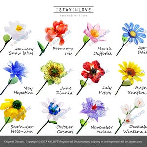 May include: A series of watercolour flower illustrations, each representing a month. Flowers include snow lotus, iris, daffodil, daisy, hepatica, zinnia, poppy, sunflower, helenium, cosmos, verbena, and wintersweet. Text reads 'ISTAYINLOVE'.