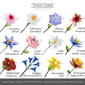 May include: Twelve handmade flower designs, each representing a month. Flowers include Briar, Camellia, Clematis, Fuchsia, Columbine, Lotus, Spirea, Water Lily, Hibiscus, Morning Glory, Lily, and Calycanthus. The text "ISTAYINLOVE" is visible, with "handmade with love" below.