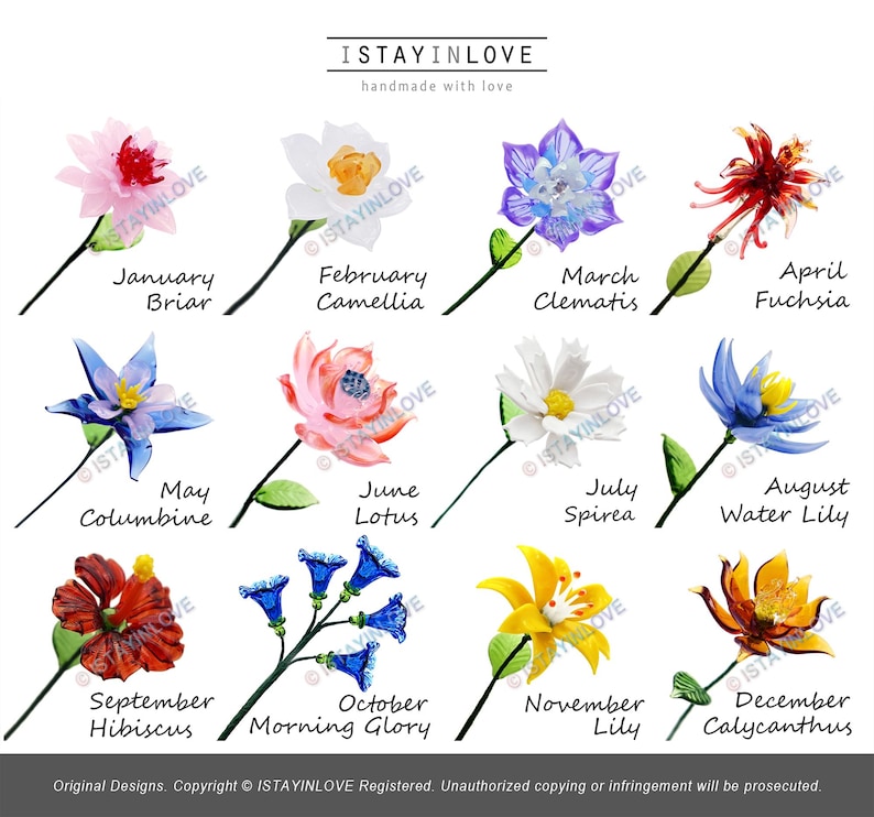 May include: Twelve handmade flower designs, each representing a month. Flowers include Briar, Camellia, Clematis, Fuchsia, Columbine, Lotus, Spirea, Water Lily, Hibiscus, Morning Glory, Lily, and Calycanthus. The text "ISTAYINLOVE" is visible, with "handmade with love" below.