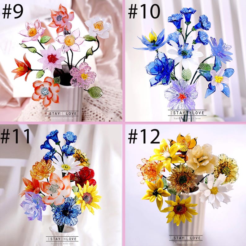 Glass Birth Flowers, Birth Month Flower Bouquet, Handmade Birthday Gift, Valentine's Day, Red Rose, Blue Rose, Mother's Day Gift image 10