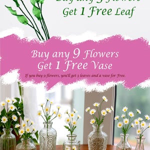 May include: A collection of glass vases, each holding white daisy flowers, arranged on a wooden surface. The image features text promoting offers on flowers and vases. The text reads "Buy any 3 Flowers Get 1 Free Leaf".