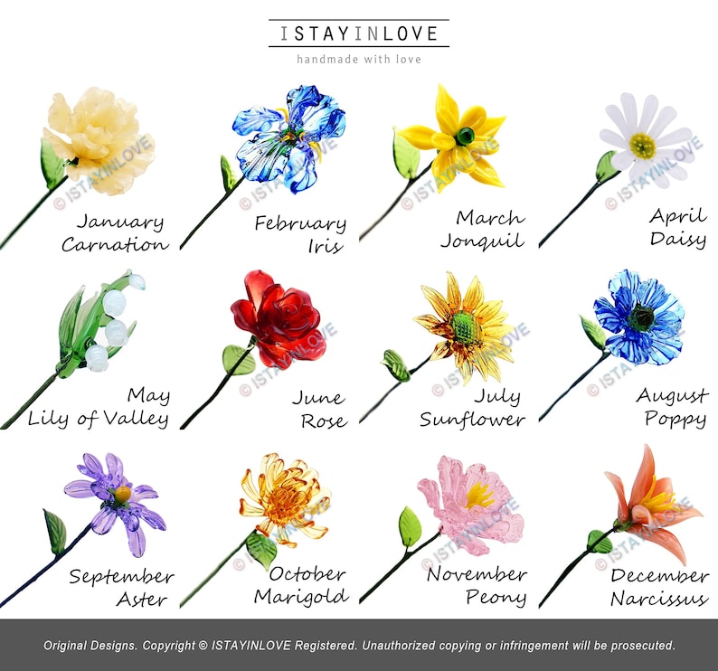 May include: Twelve handmade flower designs, each representing a month. The image features a carnation, iris, jonquil, daisy, lily of the valley, rose, sunflower, poppy, aster, marigold, peony, and narcissus. The text reads "ISTAYINLOVE handmade with love."