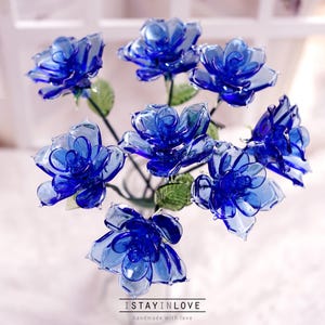 Glass Birth Flowers, Birth Month Flower Bouquet, Valentine's Day, Lily of the Valley, Carnation, Iris, Rose, morning glory June-Rose (Blue)