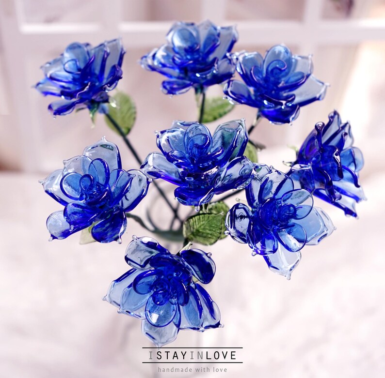 Glass Birth Flowers, Birth Month Flower Bouquet, Valentine's Day, Lily of the Valley, Carnation, Iris, Rose, morning glory June-Rose (Blue)