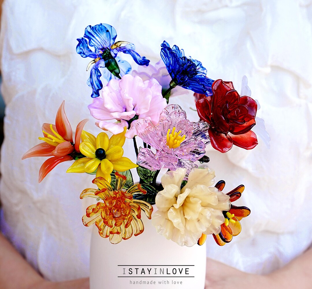 Glass Flowers, Handmade Glass Birth Month Flowers Bouquet, Glass Birth ...