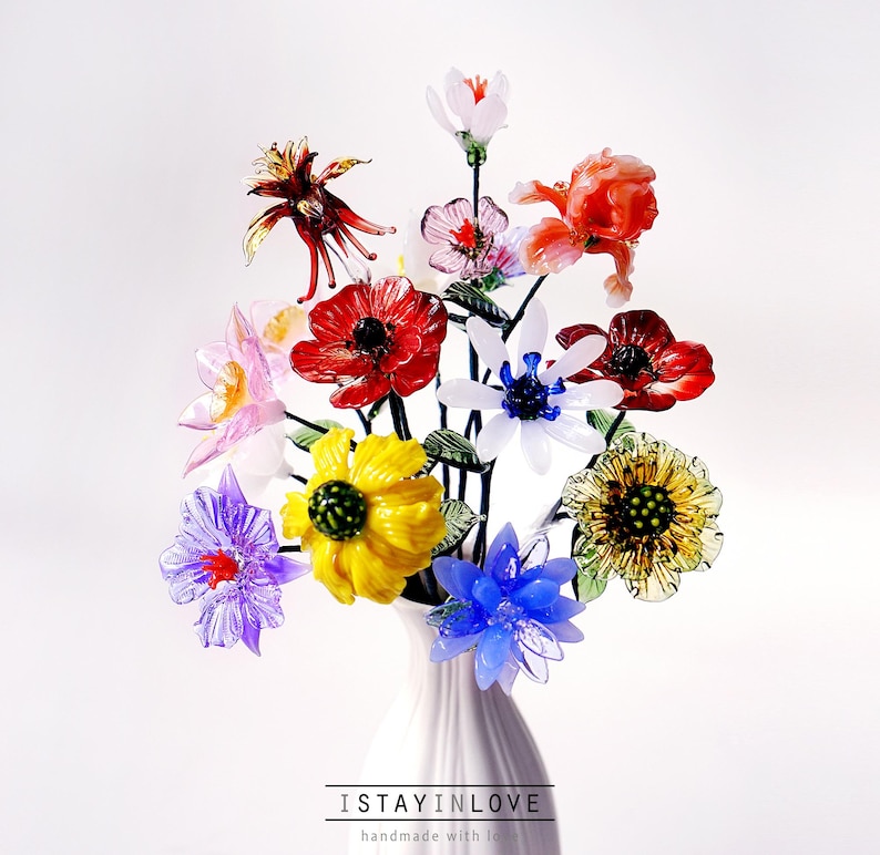 Glass Birth Flowers, Birth Month Flower Bouquet, Handmade Birthday Gift, Valentine's Day, Red Rose, Blue Rose, Mother's Day Gift image 18
