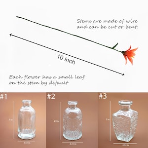 May include: An orange artificial flower with a green stem, measuring 25.4 cm long. The stem is made of wire and can be cut or bent. The image also shows three clear glass vases with different designs and dimensions.