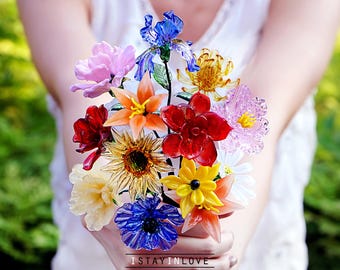 Glasblumen, handgemachter Glas-Geburtsmonat-Blumenstrauß, Glas-Geburtsblume, Geschenk für sie, Geburtstagsgeschenk für Mutter, personalisierte Geschenke