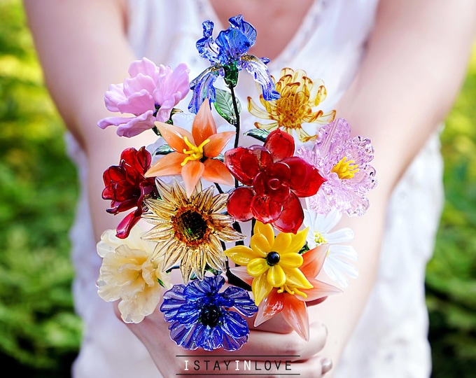 Glass Flowers, Handmade Glass Birth Month Flowers Bouquet, Glass Birth Flower, Gift for Her, Birthday Gift for Mom, Personalized Gifts