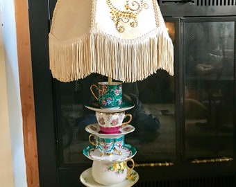 Teacup lamp.Harp Teacup Finale Vintage Shade, Glass Base Teacup lamp .Contact owner before purchasing please