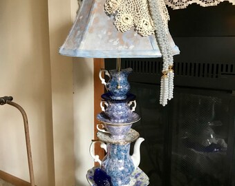 Teapot Lamp, Royal Albert China Lamp. Blue Glass Base.Contact Owner before Purchasing Please
