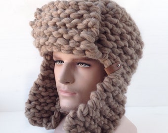 Russische Ushanka Trappermütze Winter Grobstrickmütze mit Ohrenklappen Handgemachtes warmes Geschenk für Mann / Freund zum Valentinstag