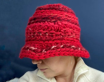 Red wool bucket hat Chunky crochet hat Winter knit panama for women