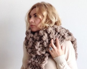 Light brown arm knit scarf Oversized neck warmer of thcik giant merino wool yarn Extra long chunky knit cowl Winter handmade gift for women