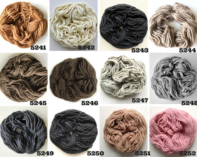 May include: Twelve skeins of yarn in various colors, including brown, beige, black, gray, and pink. Each skein is arranged in a circle and labeled with a number.