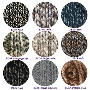 May include: Nine different yarn colors, each in a circle, showing the texture of the yarn. The colors are black and white, brown and white, blue and gray, ivory and gray, beige and white, brown and gray, black and gray, light brown, and brown.