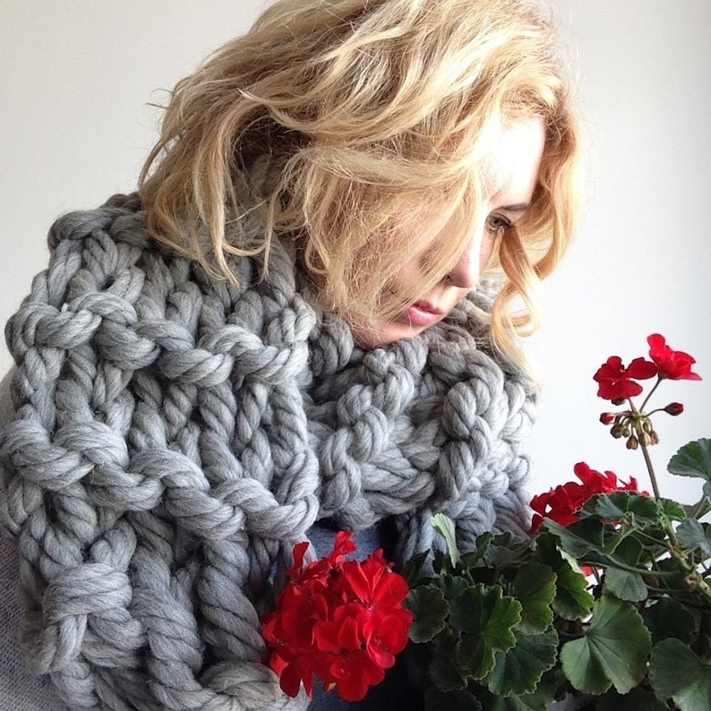 Giant knit scarf. Super chunky merino wool yarn oversize knitted cowl. Big long bulky arm knitting neck warmer. Christmas gift for mom image 2