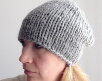 Hipster beanie Hand knit slouchy hat Grey wool hat of chunky yarn