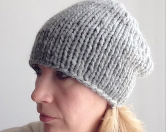 Hipster Beanie Handgestrickte slouchy Hut Graue Wollmütze aus dicken Garn