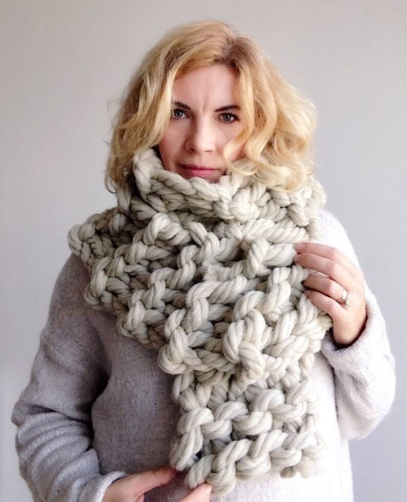 Giant knit scarf. Super chunky merino wool yarn oversize knitted cowl. Big long bulky arm knitting neck warmer. Christmas gift for mom image 4