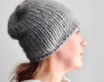 Gray wool knit slouchy beanie hat women Chunky knitting merino super bulky yarn Warm winter gift for girlfriend and boyfriend gender neutral
