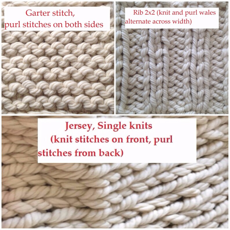 May include: Close-up of three different knit stitch patterns: garter stitch, rib 2x2, and jersey stitch. The stitches are all in a cream color.