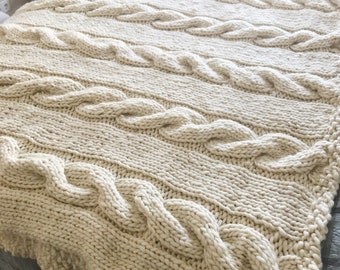 Grobstrick Decke mit Zopfmuster Handgestrickter Wollüberwurf Weiss ivory col.5508 Large/ Full/ Queen/ King size