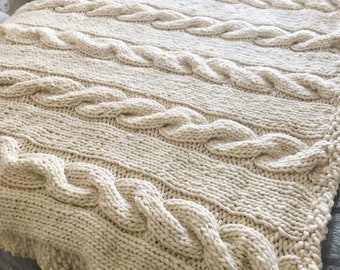 Chunky cable knit blanket Hand knitted wool throw White ivory col.5508 Large/ Full/ Queen/ King size