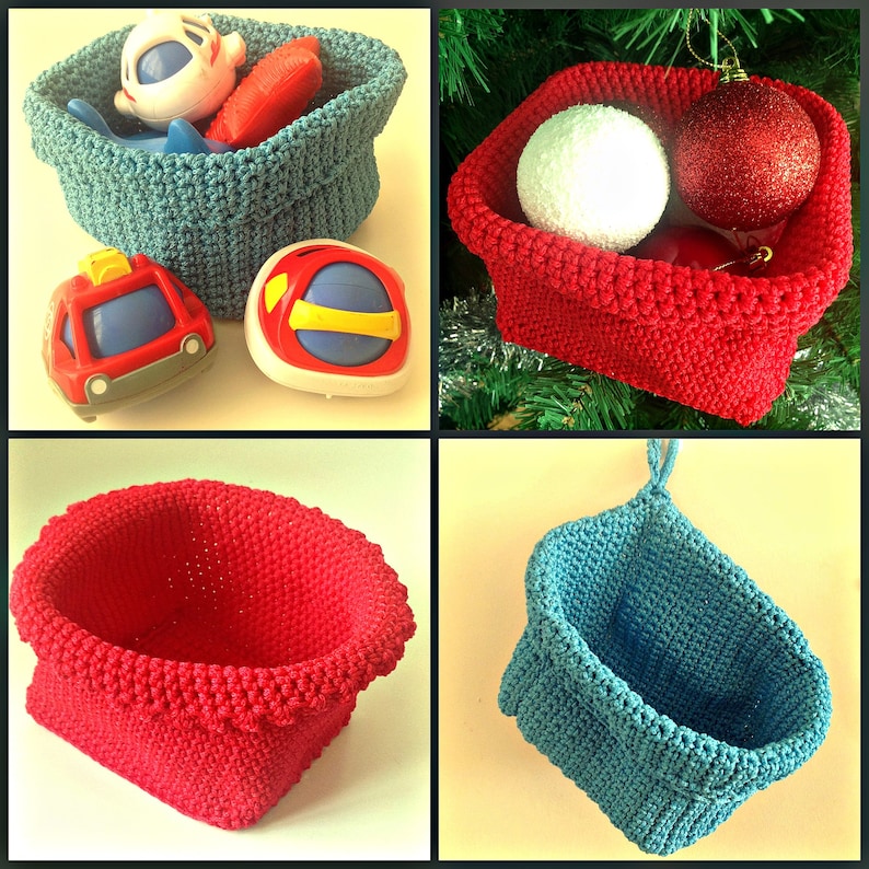 May include: Four crocheted baskets in different colors and sizes. Two are blue, one is red, and one is red with a white scalloped edge. The baskets are empty.