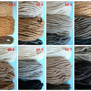 May include: Eight skeins of yarn in different colors, labeled "kit 1" through "kit 8".