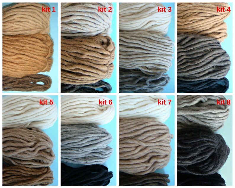 May include: Eight skeins of yarn in different colors, labeled "kit 1" through "kit 8".