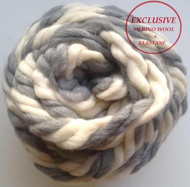 Ivory white gray Giant yarn Super chunky blanket yarn Jumbo merino wool for arm knitting Mix col.5506 image 2