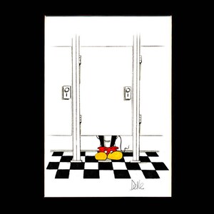 May include: Black and white illustration of a cartoon character with red pants and yellow shoes standing in a bathroom stall. The stall has a black and white checkered floor and a door with a handle.
