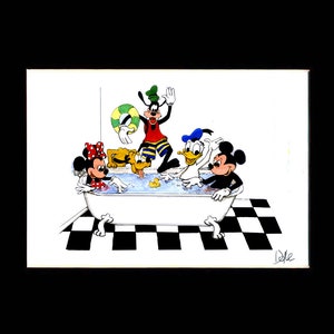 Humorous bathroom print of DISNEY characters playing in the tub