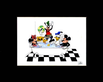 Humorous bathroom print of DISNEY characters playing in the tub