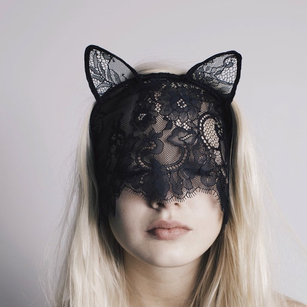 UNDER MY VEIL black lace cat mask with veil and ears