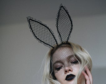 NOCTURNAL FEVER black lace bunny mask with net veil and tall ears