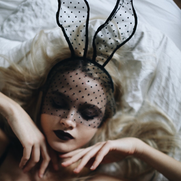 POLKA DOT BABY black lace bunny mask with veil and ears