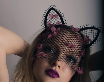 SILK KITTEN cat mask with net veil and natural silk ribbons in pink