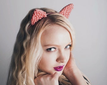 KITTEN BLUSH headband with cat ears and pink pearl embellishments